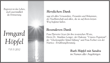 Traueranzeige von Irmgard Höpfel von Pegnitz-Zeitung